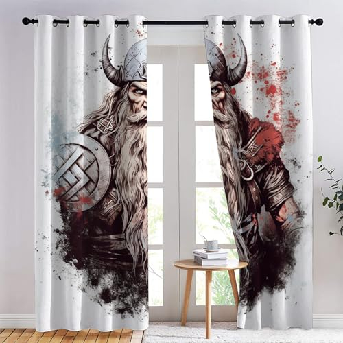 Vorhänge Wikinger, Verdunkelungsvorhang 2er Set - Vorhang Blickdicht Nordische Mythologie Muster, Thermovorhang für Deko Wohnzimmer Schlafzimmer Kinderzimmer, Gardinen mit Ösen 175x140 cm (HxB)
