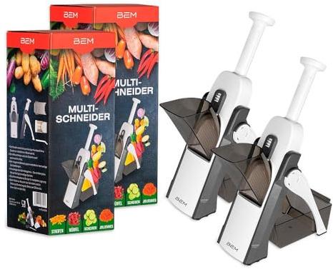 BEM Doppel-Set Multischneider, mit Fingerschutz 24in1 Gemüsehobel | Slicer mit Auffangbehälter, aus Kunststoff, BPA-frei, Gemüseschneider Manuell, Pommesschneider, Gurkenhobel
