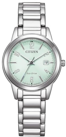 Citizen Eco-Drive Damenuhr Edelstahl, Grün, 29.4 mm, FE1241-71X | Eco-Drive Solar, Keine Batterie Nötig, Kristallglas, 3 bar Wasserdicht, 240 Tage Gangreserve, Datum, Edelstahlband