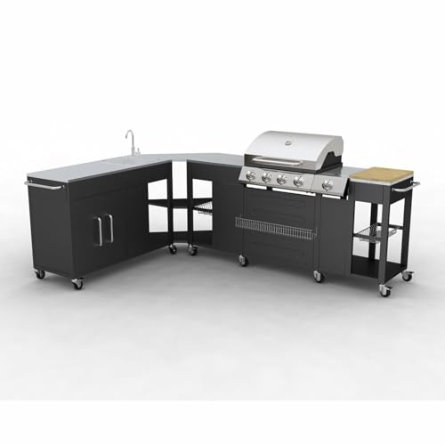 ARKEM Barbecue a Gas Professionale XXL,Multifunzione Coperchio,Griglia in Ghisa, Ruote E Struttura in Acciaio Inox,Barbecue a Gas Montana, Cucina portabile 4 bruciatori +1