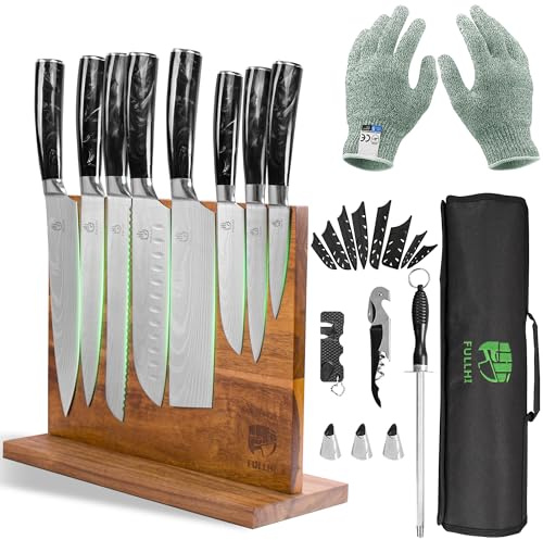 FULLHI 15st japanskt knivset med magnetisk knivblockshållare, blad i rostfritt stål, svart Ergonomiska handtag i harts för professionell matlagning och hemmatlagning