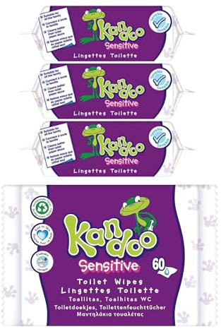 Kandoo Sensitive Flushable Moist Toilet Wipes, 4 x 60 Wipes (Total 240), Biodegradable, Wet Toilet Tissues for Toddlers, Fragrance Free for Sensitive Skin, Multipack