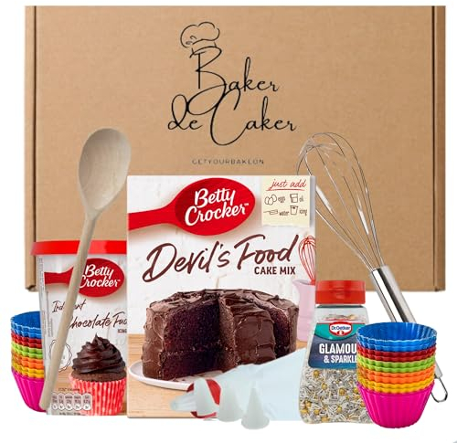Chocolate Cupcake Baking Bundle: Betty Crocker Cake Mix 425g, Chocolate Fudge Icing 400g, Cupcake Sprinkles, 24 Silicone Moulds, Icing Piping Set, Whisk & Spoon. Bake At Home Today