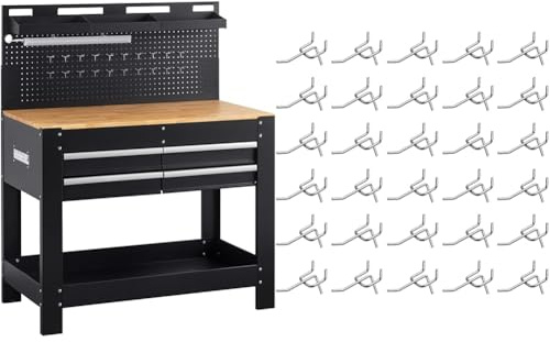 Meister Werkbank 1400 x 1140 x 610 mm - 200 kg Tragkraft & Lochwandhaken - Praktisches Set mit 30 Stück - 60 x 38 x 30 mm