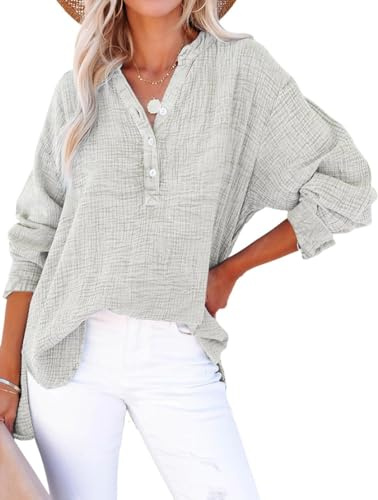 PADOLA Damen Musselin Bluse Baumwolle Blusen Tuniken Button Down Henley Shirt Plissee Einfarbige Hemdbluse Tshirt Sommer Oversize Shirt Blusenshirt Tunika Tops (Grau, XL)
