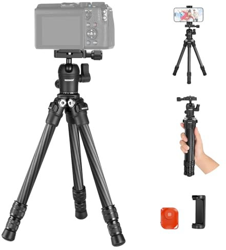 NEEWER TP09 Carbon Fiber Mini Tripod for Phone and Camera, 20 Desktop Stand with Ball Head, Phone Holder, Remote - Lightweight Compact Travel Tabletop for DSLR, Video Camcorder, Webcam