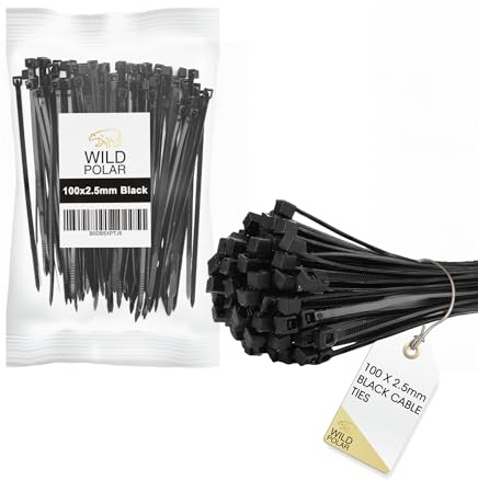 Wild Polar Strong Self-Locking Cable Ties Black - Pack of 100 Nylon Small Zip Ties for Cable Management - Durable Plastic Ties for Home, Office & Outdoor, 100mm x 2.5mm
