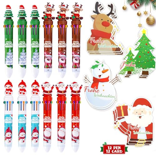 Beinup 24 Stück Weihnachts Kugelschreiber mit Weihnachtskarten | 10-in-1 Einziehbare Kugelschreiber, Multicolor Farbwechselstifte, Weihnachten Schreibwaren, Weihnachtsgeschenke für Kinder