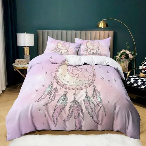 Bettbezug Bedruckt Bettwäsche-Set 155 × 220 cm, Drucken Bettbezug Niedlicher Cartoon-TraumfäNger Bettwäsche-Set auf Weiches Mikrofaser-Baumwolle 1 Bettbezug Rosa und 2 Kissenbezug