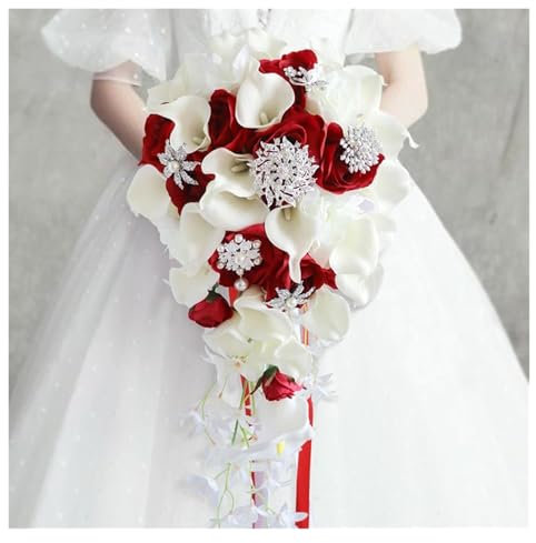 PUFAHAU Hochzeitsstrauß, Brautstrauß, 9,8 Zoll künstlicher weißer Calla-Lilie-Brautstrauß mit Kristallornamenten, Kaskadenstrauß für die Hochzeit