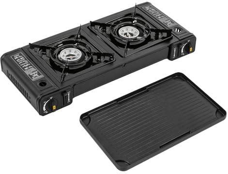 HUSPOO Hornillo Portátil de Gas de 2 Fuegos - Hornillo de Camping con Bombona de Gas, Incluye Placa de Parrilla, Encendido Piezoeléctrico Automático