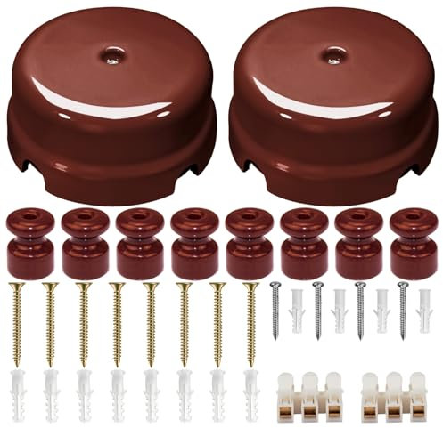 QuirkLz 2 cajas de derivación de porcelana, tapa caja de derivación de porcelana vintage de 4 salidas, con 8 aisladores de cerámica, marrón brillante, diámetro 78 mm