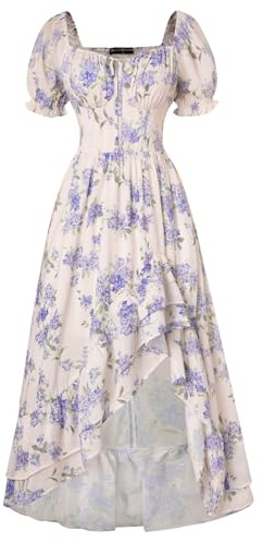 SCARLET DARKNESS Robe Longue d'Été Victorienne à Imprimé avec Manches Ballon et Col Carré Abricot Violet M