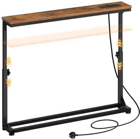 HOOBRO Slim Console Table with Adjustable Height (63.5-83.5 cm), Behind Sofe Table with Charging Station, 100 cm Narrow Console Table for Hallway, Living Room, Bedroom, Rustic Brown EBF95KXG01