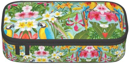 ASFgda Large Capacity Durable Tropical Plants and Parrots Printed Pencil Case,Portable Cosmetic Bag,Office Stationery Storage Bag.