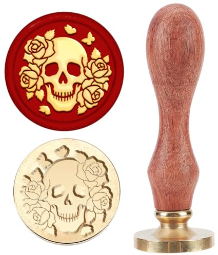 MAYJOYDIY Totenkopf Rose Wachssiegelstempel 25mm Halloween Stern Siegelstempel Mit Abnehmbarer Messingkopf Und Holzgriff für Halloween Geschenk Einladungen Karten und Umschläge