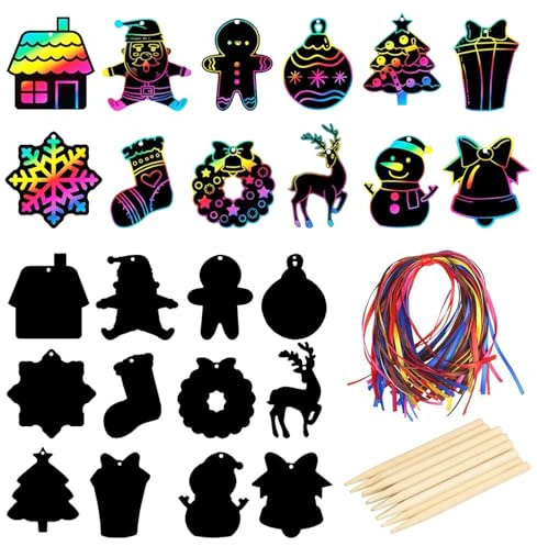 KRISFD Natalizio Arcobaleno Scratch Paper, 48 Pezzi Magic Arcobaleno Scratch Paper Ornamento Decorazione Natalizia Scratch Art Painting Set Per Decorazioni Albero Di Natale, Bambini Regalo