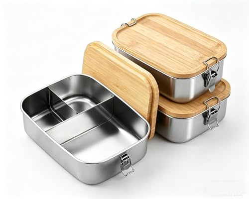 STARVAST 2 Stück Lunchbox für Erwachsene Kinder, Edelstahl Brotdose mit Fächern Holzdeckel,BPA-frei Lunch-Boxen für Schule Ausflüge (800ML,3 Fächern)