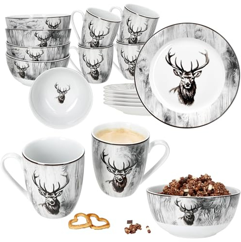 MamboCat Alois 18tlg Frühstücksset I je 6x Frühstücksteller, Müslischalen & Kaffeebecher aus Porzellan I 6 Personen I Holz-Optik & Hirschmotiv in Schwarz-Weiß I für Frühstück & Kaffee