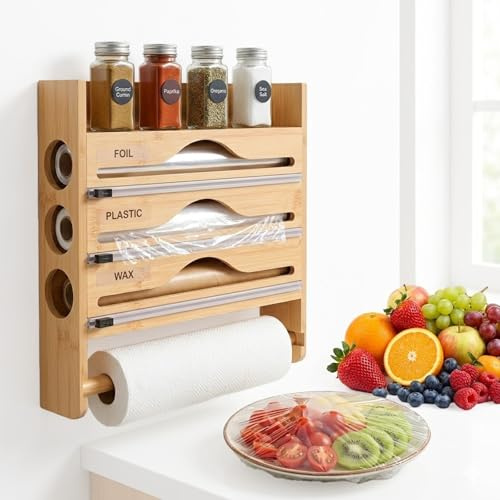 5 in 1 Folienspender mit Cutter & Küchenrollenhalter Wand, Platzsparend