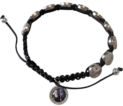 OVUNQUE PROTEGGIMI Bracciale Decina San Benedetto Regolabile, 10 Medaglie Color Argento in Metallo, Braccialetto Religioso in Corda Macramè Nera, Misura Adattabile Uomo Donna, Idea Regalo Spirituale