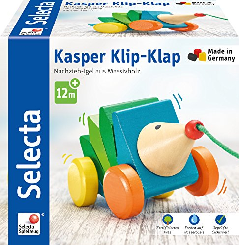 Selecta 62022 Kasper Klip-Klap, Nachzieh Igel, Schiebe-und Nachziehspielzeug aus Holz, 16 cm