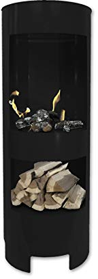 Ethanolkamin Gelkamin Höhe:100cm / Breite:37cm / Tiefe: 35 cm/Säule Kamin Schwarz mit Holzfach Inklusive: 3 x Brennstoff-Behälter