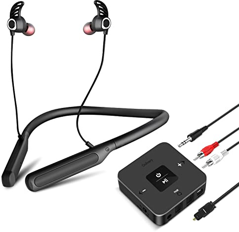 Golvery Bluetooth Transmitter w/Wireless Headphones for TV Watching | Wireless Neckband Earphones Earbuds w/Transmitter Adapter for Optical Digital RCA 3.5mm Aux TVs, Plug n Play No Audio Delay