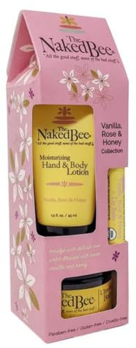 The Naked Bee Vanilla, Rose & Honey Gift Collection. Body Butter, Body Lotion & Lip Balm Gift Set. Moisturising Body Care & Body Skin Care Collection. Moisturising Body Skincare Womens Gift Sets.