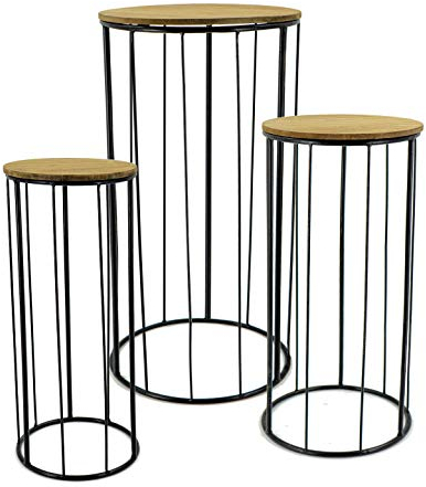 Spetebo Columna para plantas de madera y metal negro – Juego de 3 – Mesa auxiliar – Soporte para plantas, flores, maceta, taburete redondo