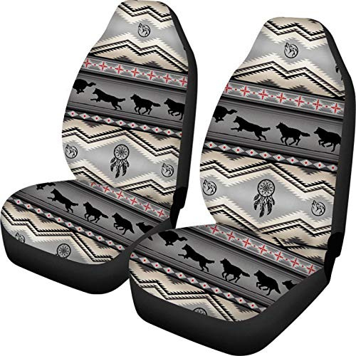Belidome Autositzbezüge für Vordersitz, Stretch, rutschfest, universelle Passform, 2 Stück, Azteken-Southwest-Stil, Grau, Tribal Wolf