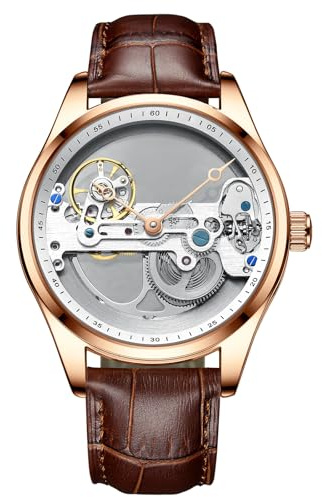 RORIOS mode, herrklocka, automatisk klocka, mekaniskt armbandsur med rostfritt stål band, vattentät Tourbillon-klocka för män, Roséguld vit