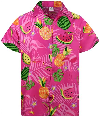 King Kameha Funky Hawaii-skjorta män kortärmad framficka fest flamingo melontryck, Flamingo melon-rosa, XL