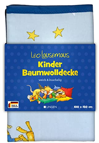 Leo Lausemaus Kinder Baumwolldecke, blau, 100 x 150 cm, Oeko-TEX® Zertifiziert - leichte Decke aus 100% Baumwolle, trocknergeeignet - für Jungen und Mädchen