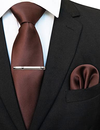 JEMYGINS Set Cravate Homme avec Pochette et Pince a Cravate Unie pour Mariage Business et Ceremonie Marron Fonce