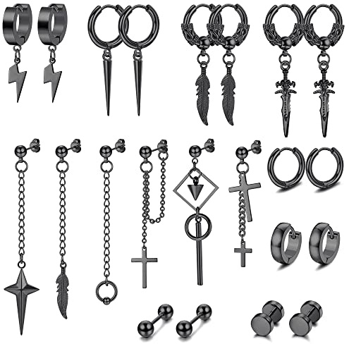Män svarta knoppörhängen Dochais 22 st gotiska punk kors dinglande örhängen set kedja fjäder stjärna ring örhängen kpop örhängen knopp för coola män kvinnor smycken piercing, Rostfritt stål