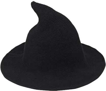 Halloween Baumwolle Garn Strick Zauberer Hut - Faltbar Schwarz Mit Scharfer Spitze - Hexe Kostüm Für Mädchen - Breite Krempe Cosplay Party Zubehör