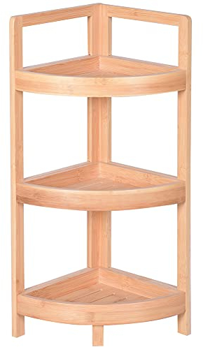 BAKAJI Scaffale Angolo Salvaspazio Colore bamboo Naturale, Angoliera in Bambù Multiuso, Scaffalatura Robusta Portaoggetti, Libreria Arredamento Interno, Mobile Bagno (3 Ripiani)