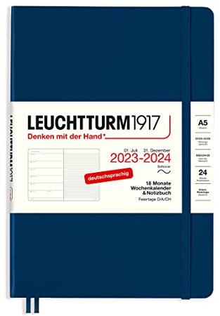 LEUCHTTURM1917 367859 Wochenkalender & Notizbuch Softcover Medium (A5) 2024, 18 Monate, Marine, Deutsch