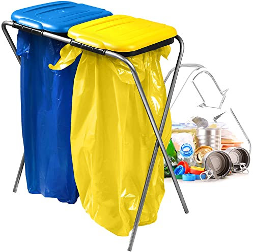 KADAX Supporto doppio per sacco della spazzatura, in 5 versioni a colori, supporto per raccolta differenziata con coperchio in plastica, per sacchetti da 120 l (blu-giallo)