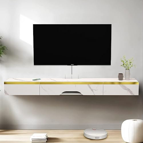 Pmnianhua TV Board Hängend, TV-Schrank TV-Board Lowboard, Modern Fernsehschrank, Multimedia Wandregal Großer Speicher mit 1 Tür und 2 Schubladen für Wohnzimmer Schlafzimmer & Büro (170cm, Weiß)
