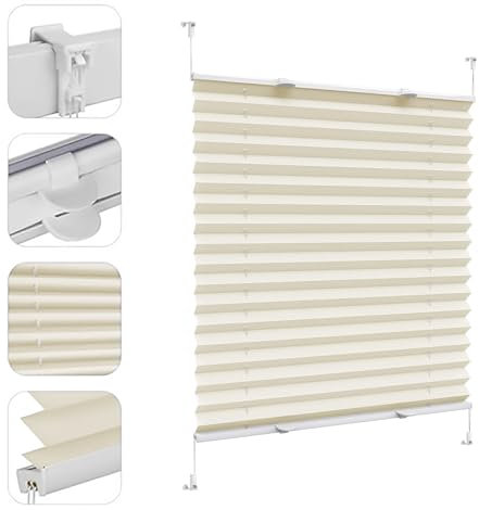 Plissee ohne Bohren Klemmfix, 20 x 60 cm Sicht- und Sonnenschutz, Thermoplissee ohne Bohren ohne Bohren zum Kleben, für Fenster & Tür ohne Bohren, Creme Farben