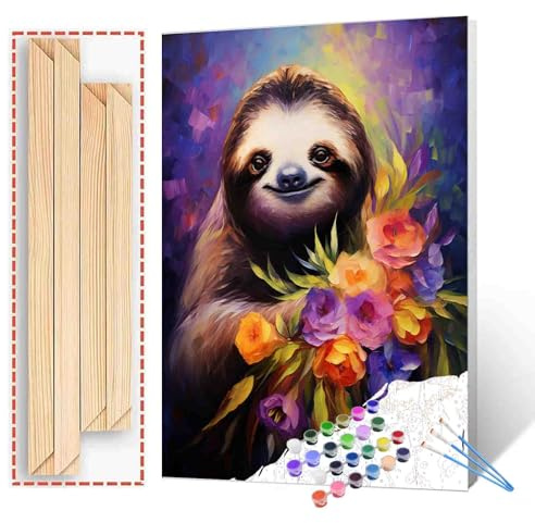 Tucocoo Lustiges Faultier-Malen-nach-Zahlen-Set mit Pinseln und Acrylpigment auf Leinwand, Gemälde für Erwachsene, abstrakte Blumen, Tier, handgemaltes Bild für Heimdekoration, 40 x 50 cm