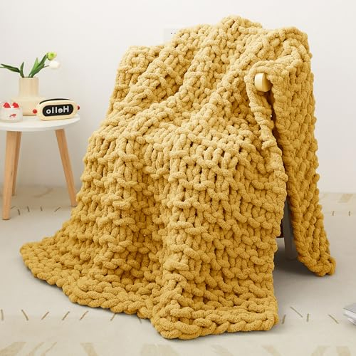 Viviland Decke Grob Gestrickte, Grobstrick-überwurf Strickwolle Dickes Garn, 100% Dicke Wolle Zum Handstricken Strickdecke, überwürfe Für Sofa Gestrickte Bettüberwurf-DeckenFürBetten, 76x101cm, Gelb