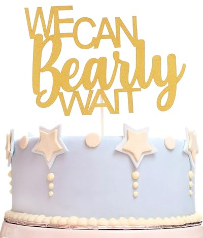 We Can Bearly Wait Cake Topper - Baby Shower Gender Reveal Party Supplies Gold Glitter, Baby Bear Theme Birthday Party Supplies