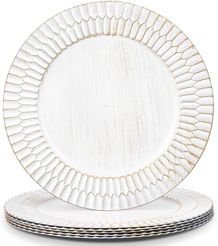 Kazozobi 13 White Chargers for Dinner Plates, Decorative Charger Plates, Plastic Charger & Service Plate 6 Pack Table Setting Bulk Wedding, Thanksgiving, Festival