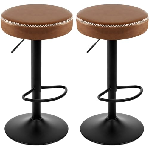 EUGAD Set 2X Taburetes de Cocina, Taburetes Altos Bar con Resposapies, Altura Ajustable, Asiento de PU Vintage, para Barra Cocina Comedor, Base Antideslizante, Marrón, 1085BY-2