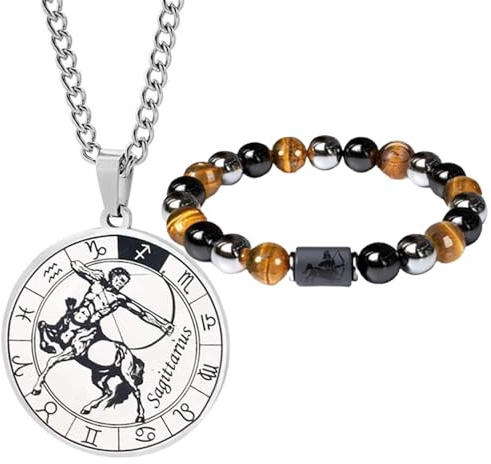 Caimeytie herren Sternzeichen Halskette und Armband Set- Sternbild halskette edelstahl-Münzanhänger-Elastisches Perlenarmband-Geburtstagsgeschenk Schmuck
