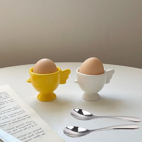 MRDLKNX Lot de 2 porte-œufs en céramique avec 2 cuillères à œufs, coquetiers pour œufs à la coque, cuisine, petit déjeuner, cuisine, poterie, cadeau de pendaison de crémaillère