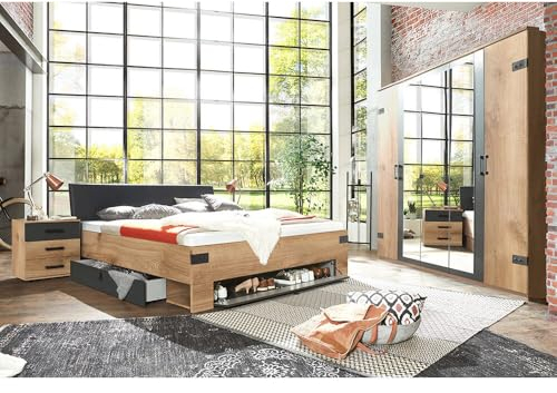 Lomadox Schlafzimmer Set Industrial Look Kleiderschrank mit Spiegel Bettgestell 180x200cm Liegefläche 2 Nachtkommoden Eiche Graphit